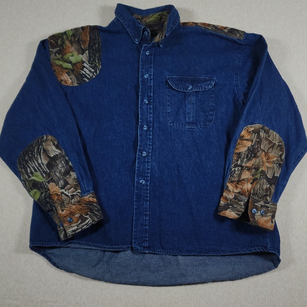 VTG Trebark by Lynch Denim Camo Shooting Shirt Mens XL Camouflage Patch Hunting